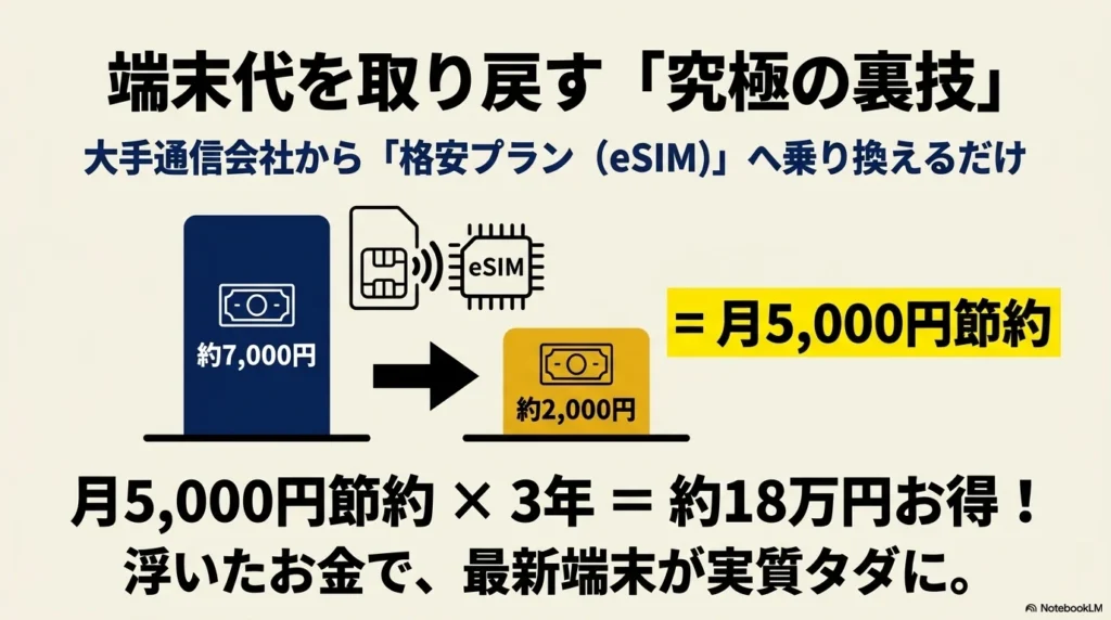 大手通信会社からeSIMの格安プランへ乗り換えることで月5000円、3年で約18万円節約できる裏技