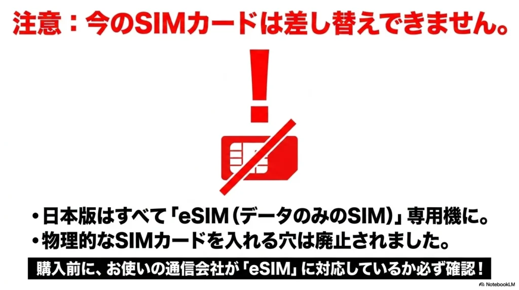 iPhone 17 × 格安SIM 乗り換え完全攻略ガイド 日本版iPhone 17シリーズはeSIM専用機となり、物理的なSIMカードの差し替えができないことを警告するスライド