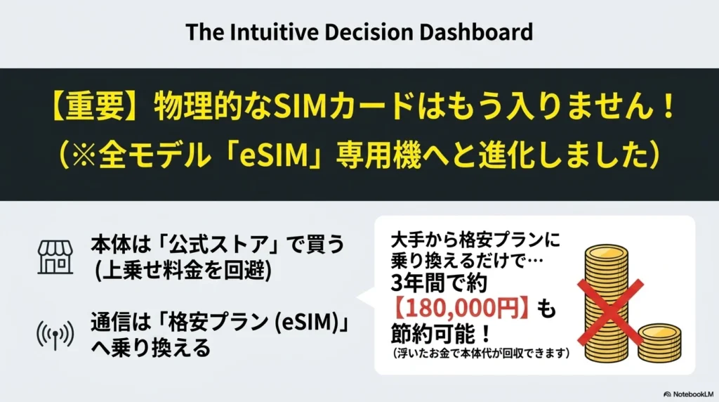 iPhone 17シリーズは全モデルeSIM専用機。大手から格安プランに乗り換えるだけで3年間で約180,000円節約可能。
