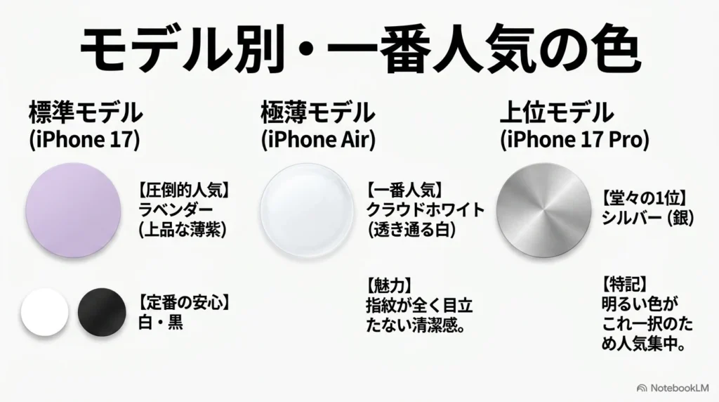 iPhone 17の標準モデルはラベンダー、Airはクラウドホワイト、Proモデルはシルバーが一番人気であることをまとめたスライド