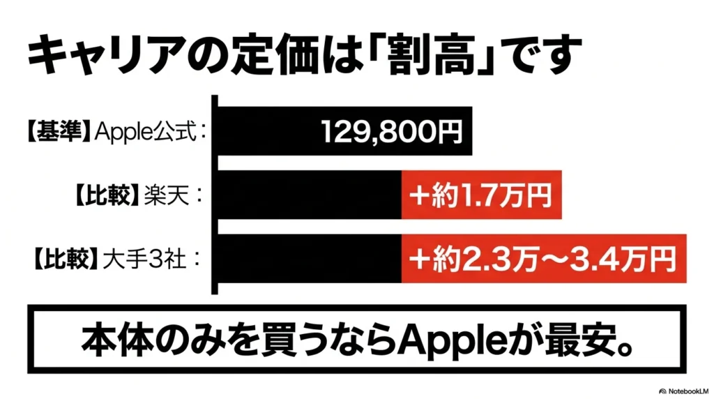 iPhone 17 × 格安SIM 乗り換え完全攻略ガイド iPhone17のキャリア一括価格とApple公式価格の比較。本体のみを購入する場合、無駄な上乗せがないApple公式が最安であることを示しています。