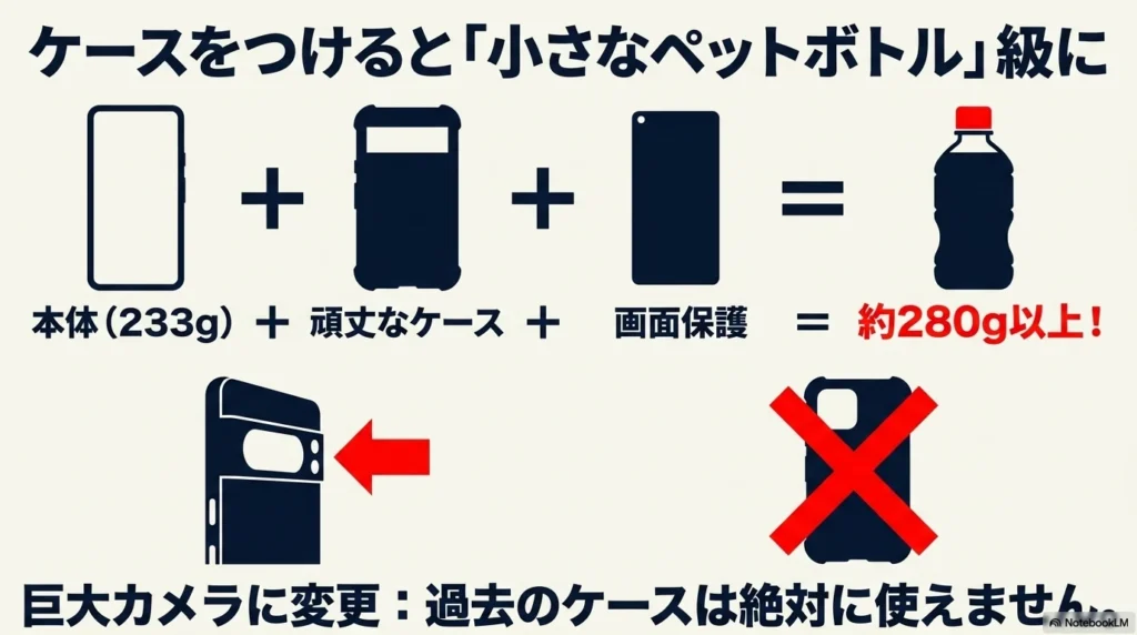 巨大なカメラに変更されたため過去のケースは使えず、頑丈なケースと画面保護をつけると総重量が約280g以上の小さなペットボトル級になることを示すスライド