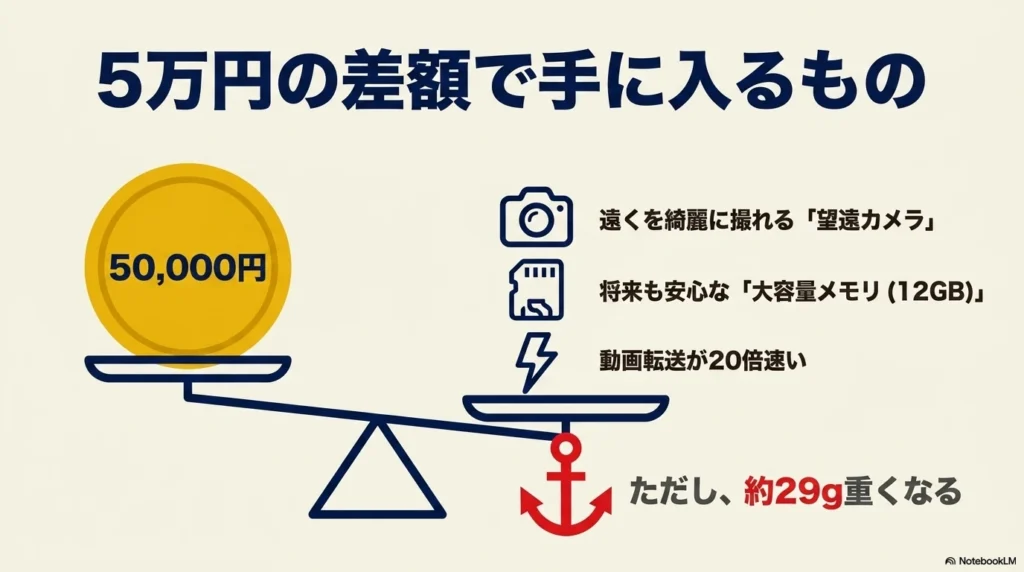 望遠カメラ、大容量メモリ、動画転送速度などiPhone 17 Proの5万円の差額で手に入る機能と重量の注意点