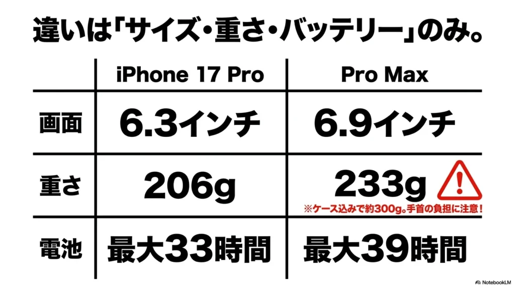 iPhone 17 × 格安SIM 乗り換え完全攻略ガイド iPhone 17 ProとPro Maxの違いはサイズ、重さ、バッテリーのみであることを比較した一覧表スライド