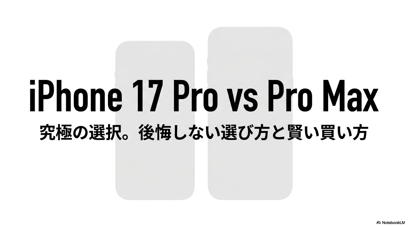 iPhone 17 ProとPro Maxの究極の選択、後悔しない選び方と賢い買い方を解説するスライド表紙
