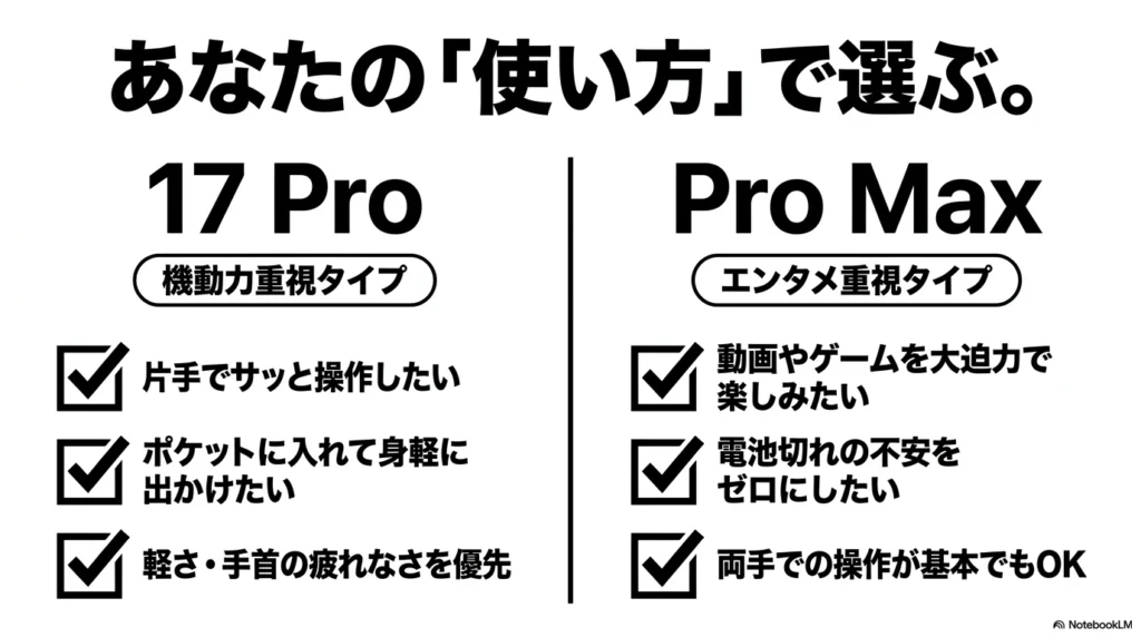 iPhone 17 × 格安SIM 乗り換え完全攻略ガイド iPhone 17 Proは機動力重視、Pro Maxはエンタメ重視といった、使い方に基づく選び方の基準を示したスライド