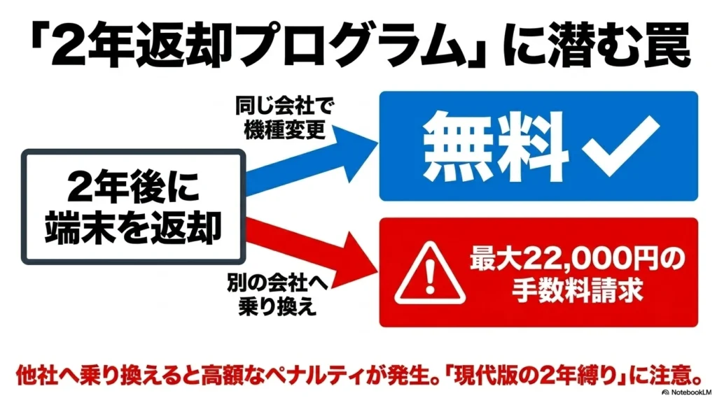 2年返却プログラムの罠。2年後に端末を返却する際、同じ会社で機種変更なら無料だが、別の会社へ乗り換える場合は最大22,000円の手数料が請求される仕組みの図解