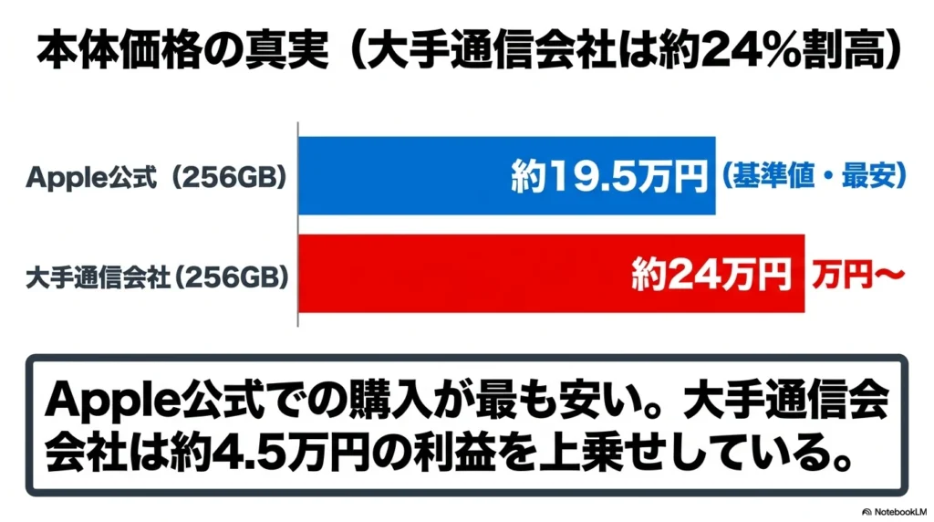 本体価格の真実。Apple公式の256GBモデルは約19.5万円で最安、大手通信会社は約24万円からで、約4.5万円の利益が上乗せされていることを解説する比較図