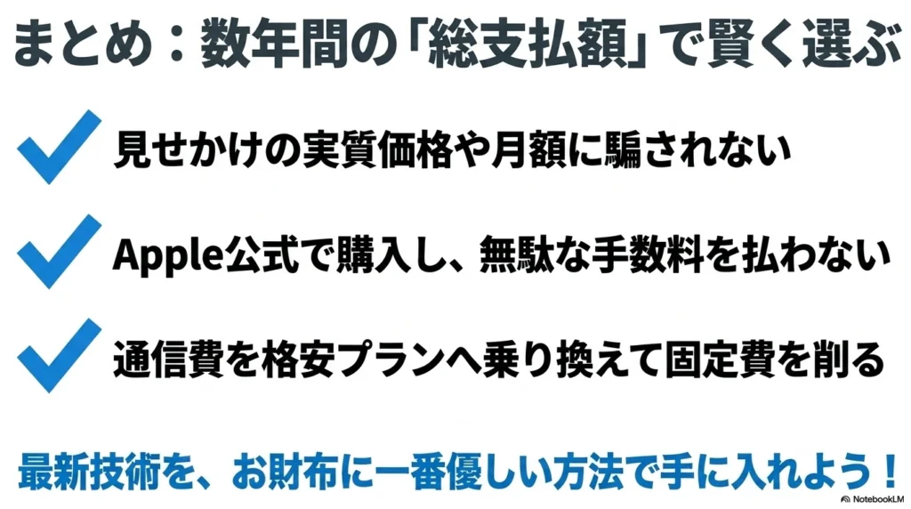 まとめ。数年間の「総支払額」で賢く選ぶ、見せかけの実質価格に騙されない、Apple公式で購入し無駄な手数料を払わない、通信費を格安プランへ乗り換えて固定費を削る、という4つのポイントを記載した振り返りスライド