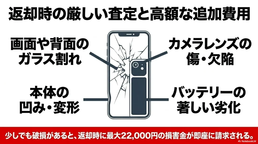 返却時の厳しい査定と高額な追加費用。画面や背面のガラス割れ、本体の凹み・変形、カメラレンズの傷、バッテリー劣化などの破損があると、最大22,000円の損害金が即座に請求されるリスクを説明するスライド