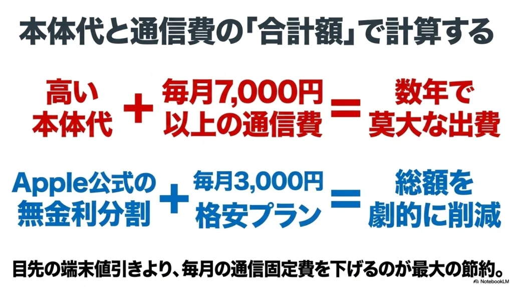 高い本体代と毎月7000円の通信費では数年で莫大な出費になるが、Apple公式の無金利分割と毎月3000円の格安プランを組み合わせれば総額を劇的に削減できることを示す比較スライド