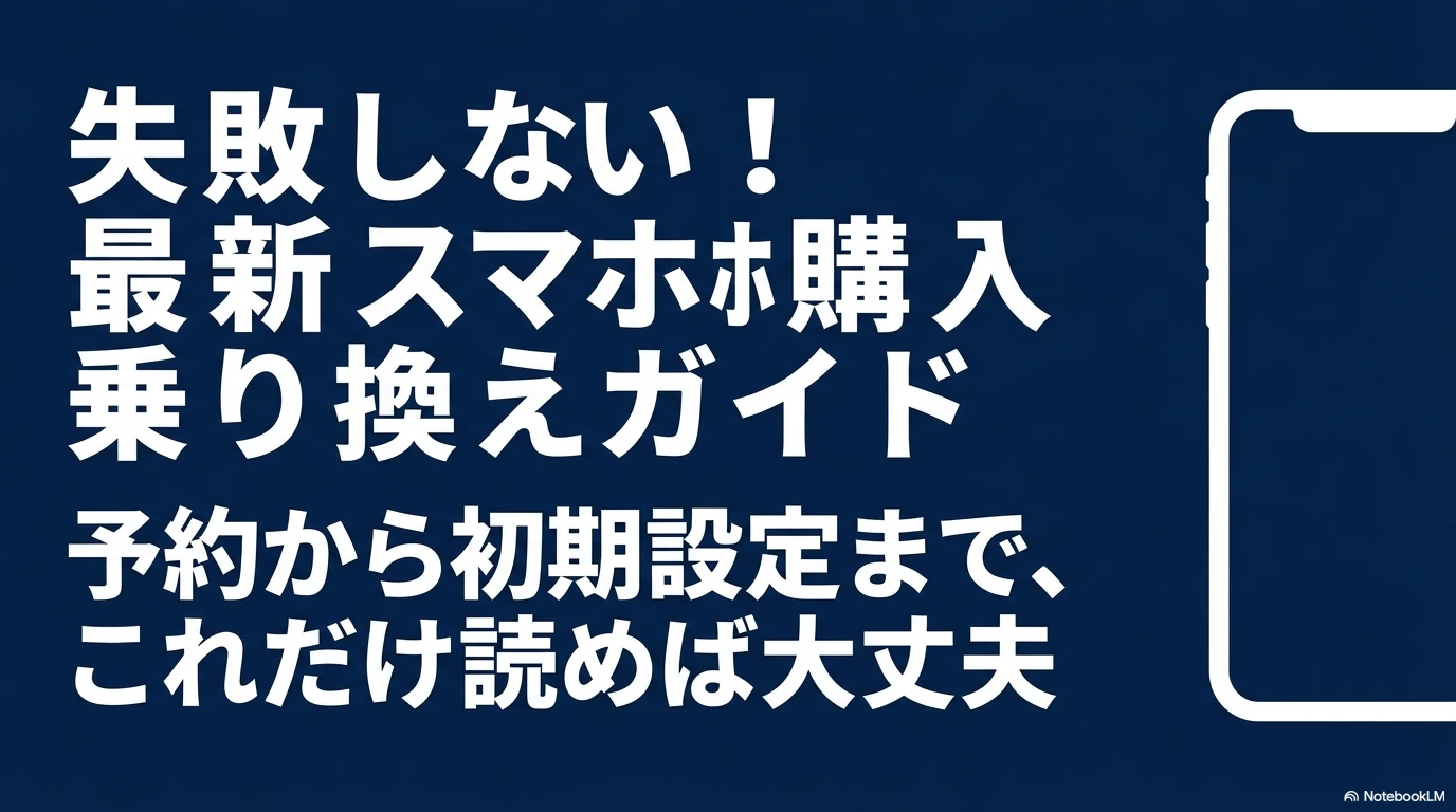 失敗しない最新スマホ購入乗り換えガイド。予約から初期設定までこれだけ読めば大丈夫と書かれた、スマホBASEのタイトルスライド。