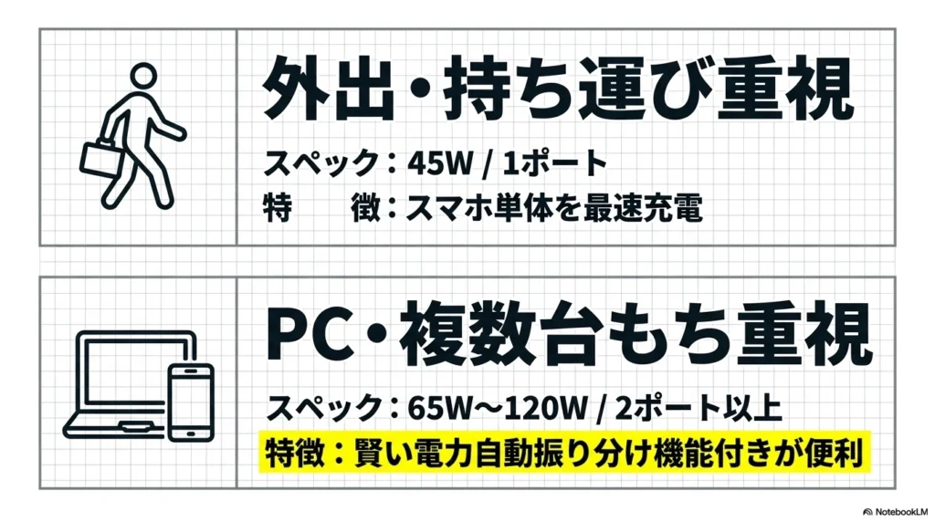 ライフスタイル別おすすめ充電器。外出・持ち運び重視なら45Wの1ポート、PC・複数台持ち重視なら複数ポートがおすすめ