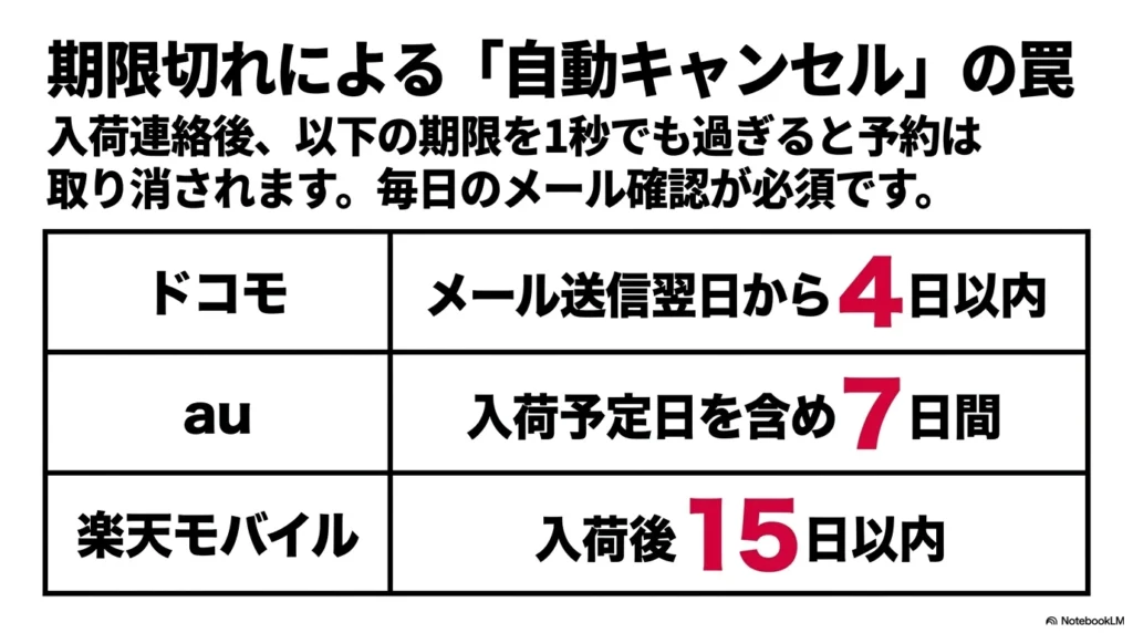 iPhone 17の入荷連絡後、ドコモはメール送信翌日から4日以内、auは入荷予定日含め7日間、楽天モバイルは入荷後15日以内に本申し込みをしないと自動キャンセルされる罠を警告するスライド画像。