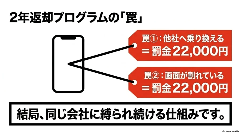 iPhone 17 × 格安SIM 乗り換え完全攻略ガイド 2年返却プログラムの罠。他社へ乗り換える場合や、画面が割れている状態で返却する場合、それぞれ22,000円の罰金が発生し、同じ会社に縛られ続ける仕組みを解説しています。