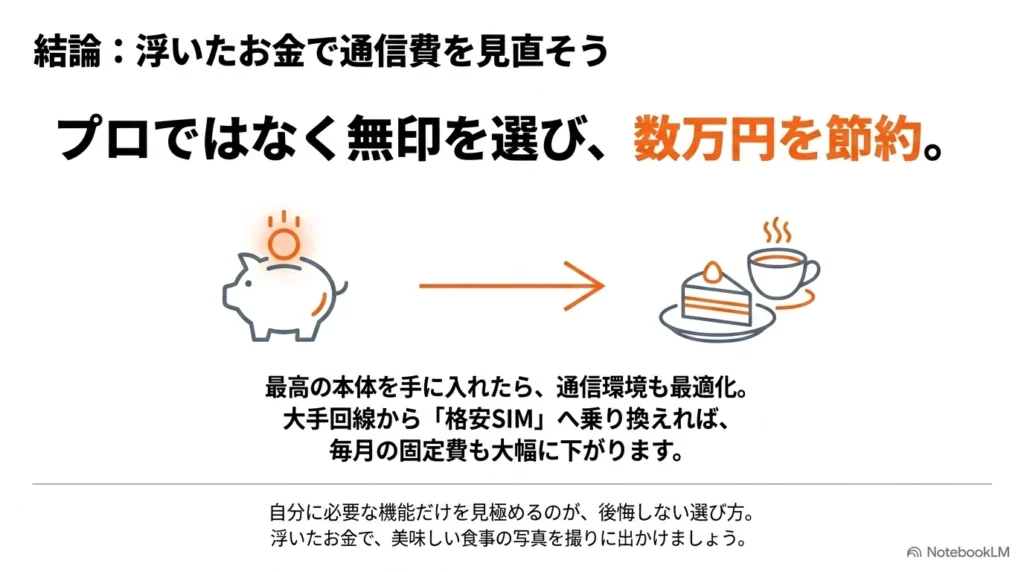 結論として、プロではなく無印を選び数万円を節約し、浮いたお金で大手回線から格安SIMへ乗り換えて通信費を見直す提案。