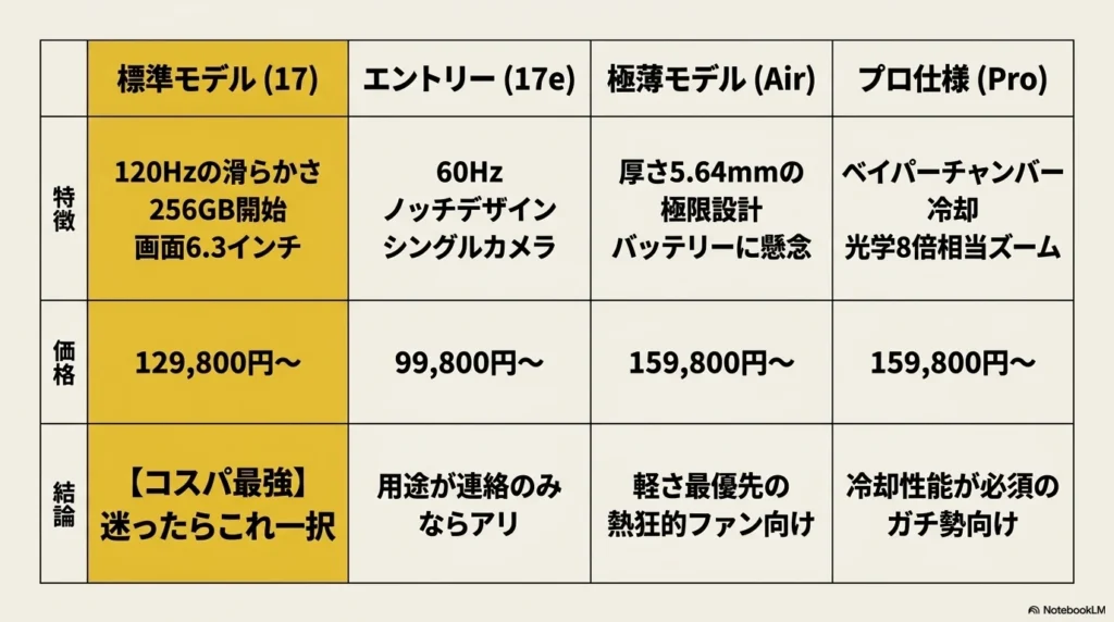 iPhone 17（標準）、17e（エントリー）、Air（極薄）、Pro（プロ仕様）の4モデルについて、特徴、価格帯、おすすめ度を比較した一覧表