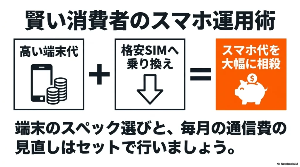 iPhone 17 × 格安SIM 乗り換え完全攻略ガイド 賢い消費者のスマホ運用術。高い端末代は格安SIMへの乗り換えで大幅に相殺できるため、端末スペック選びと毎月の通信費の見直しはセットで行うべきという図解