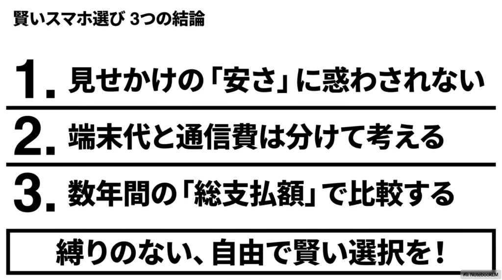 iPhone 17 × 格安SIM 乗り換え完全攻略ガイド 賢いスマホ選び3つの結論。見せかけの安さに惑わされず、端末代と通信費は分けて考え、数年間の総支払額で比較するという、自由で賢い選択のポイントをまとめています。