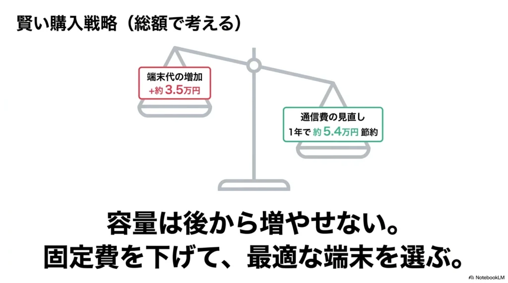 iPhone 17の賢い購入戦略。端末代の増加分を、格安SIMへの乗り換えによる通信費の節約（1年で約5.4万円）で相殺し、総支払額を最適化する方法。