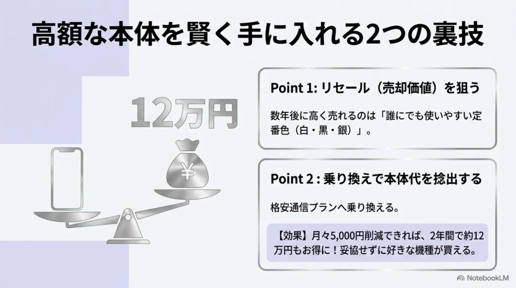 iPhone 17を賢く購入するための裏技として、定番色を選びリセールを狙う方法と、通信プランを乗り換えて本体代を捻出する方法を解説したスライド
