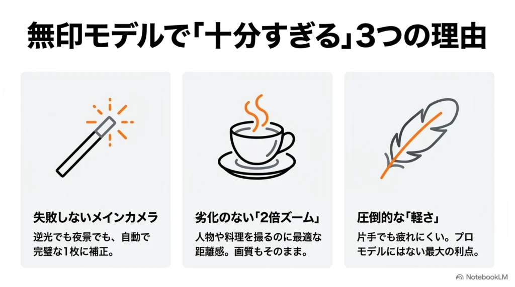 無印モデルで十分すぎる3つの理由。失敗しないメインカメラ、劣化のない2倍ズーム、片手でも疲れにくい圧倒的な軽さ。 