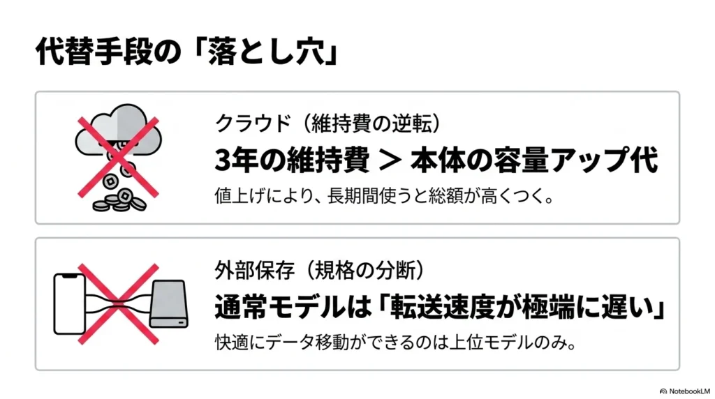 iPhone 17の容量不足対策に潜む落とし穴。iCloudの値上げによる中長期的な維持費の逆転と、通常モデルにおける外部SSDの転送速度の規格の分断。