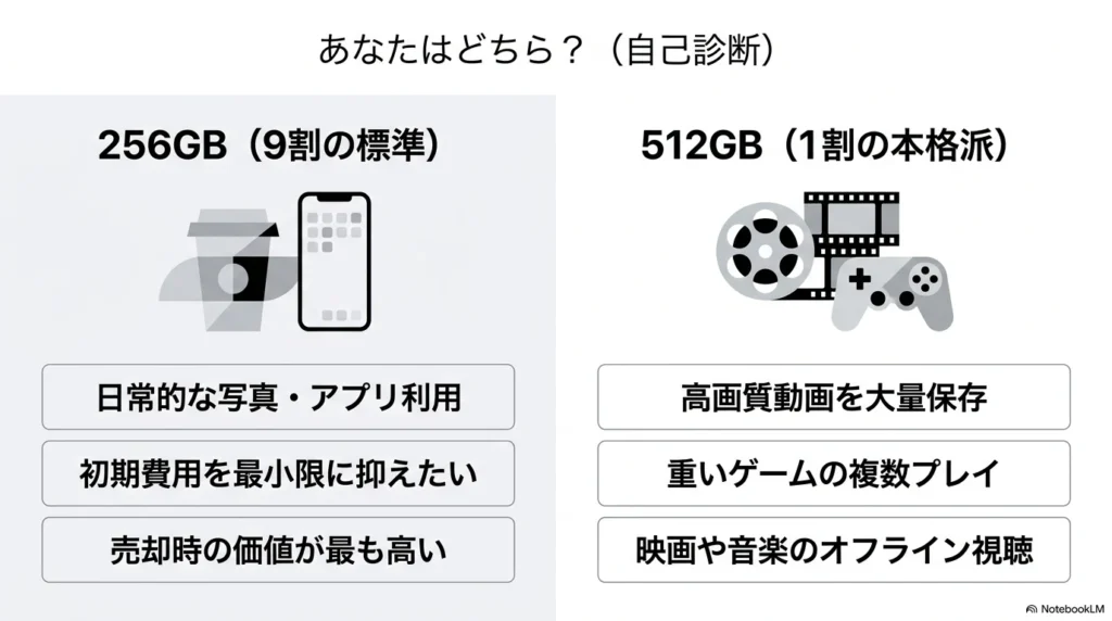 iPhone 17の容量選びの自己診断。日常使いに適した256GBと、高画質動画や重いゲームを利用するヘビーユーザー向けの512GBのターゲット層を比較。