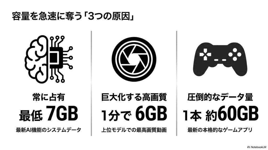 iPhone 17のストレージ容量を消費する3つの原因。AI機能のシステムデータ占有、上位モデルの高画質動画、最新ゲームアプリの膨大なデータ量。