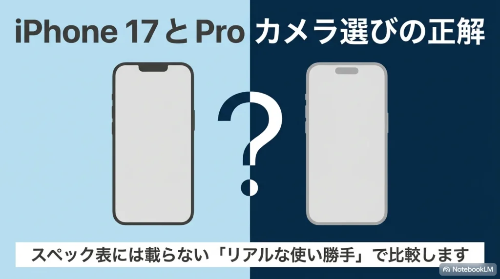 iPhone 17とiPhone 17 Proのカメラ性能の違いを比較した図解。望遠レンズの有無やズーム性能、標準モデルとProモデルの選び方のポイント。