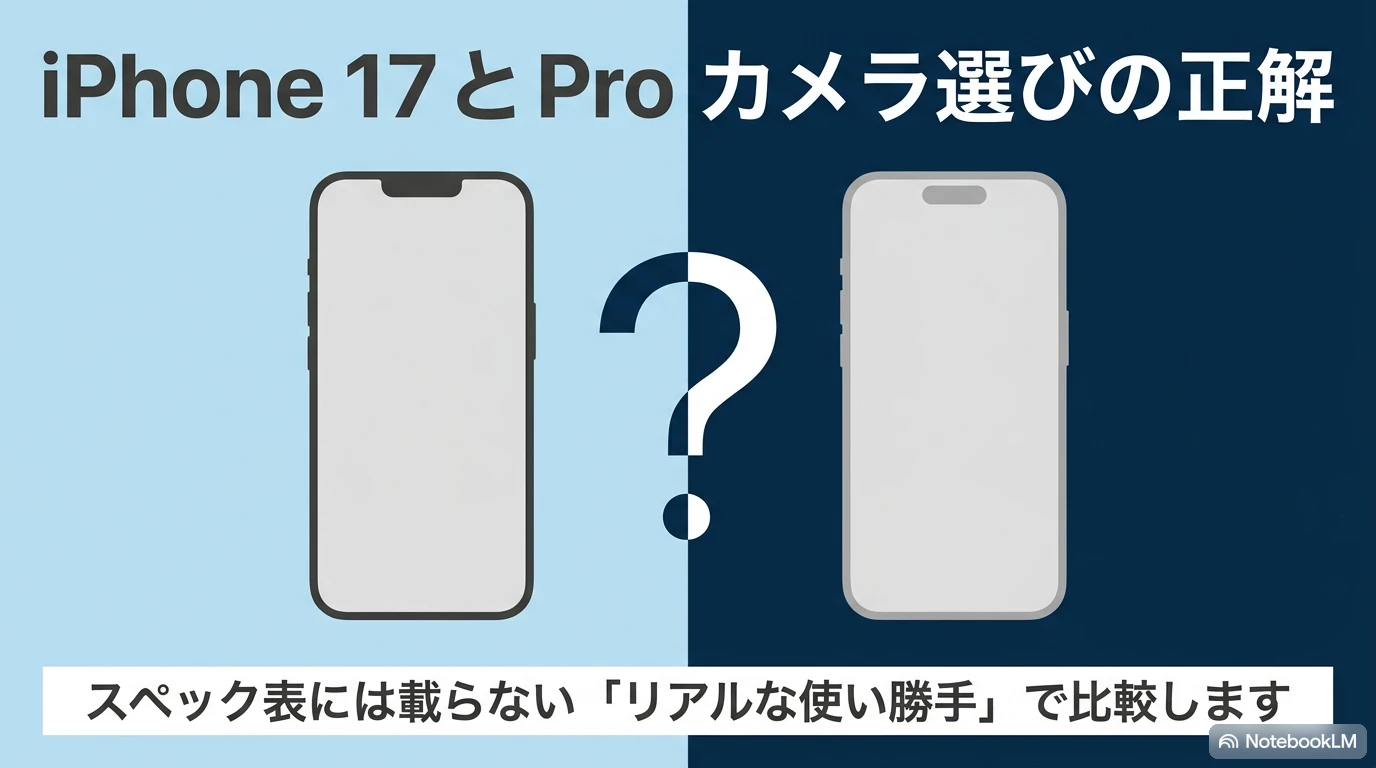 iPhone 17とiPhone 17 Proのカメラ性能の違いを比較した図解。望遠レンズの有無やズーム性能、標準モデルとProモデルの選び方のポイント。