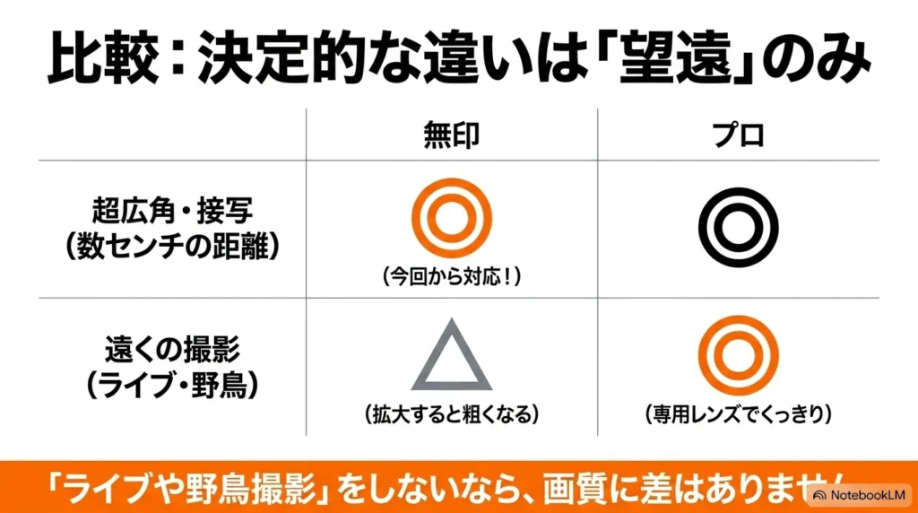 無印とProのカメラ比較。超広角・接写は無印も対応したが、ライブや野鳥など遠くの撮影における専用レンズの有無が決定的な違い。