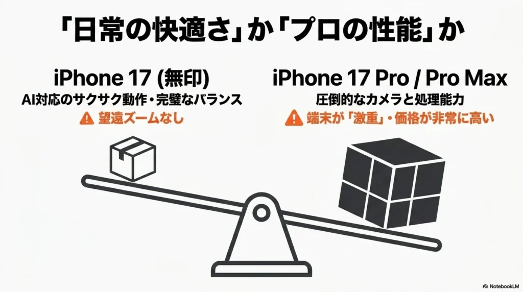 iPhone 17 × 格安SIM 乗り換え完全攻略ガイド 日常の快適さを重視したiPhone 17と、圧倒的な性能を持つ反面重くて高価なProモデルを比較する図
