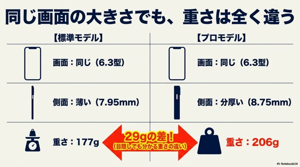 同じ6.3インチ画面でも、標準モデルは177gで薄いのに対し、Proモデルは206gで分厚く、29gの差があることを比較したスライド