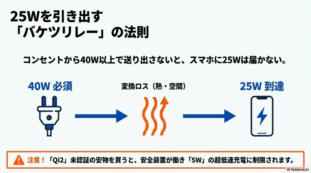 iPhone 17 × 格安SIM 乗り換え完全攻略ガイド iPhoneに25Wの電力を届けるには、変換ロスを考慮してコンセントから40W以上で送り出す必要がある。Qi2未認証品は5Wに制限されるので注意