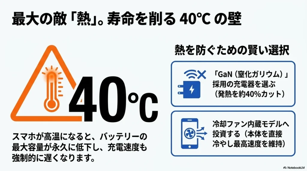 iPhone 17 × 格安SIM 乗り換え完全攻略ガイド スマホが高温になるとバッテリー寿命が低下し充電も遅くなる。熱を防ぐにはGaN採用の充電器や冷却ファン内蔵モデルへの投資が賢明