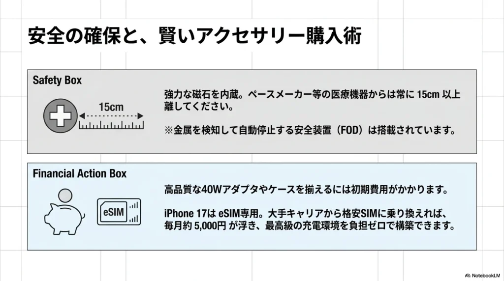 iPhone 17 × 格安SIM 乗り換え完全攻略ガイド 強力な磁石を内蔵しているため医療機器からは15cm以上離して安全を確保。充電アクセサリーの初期費用は、eSIMによる通信費の見直しで捻出しよう