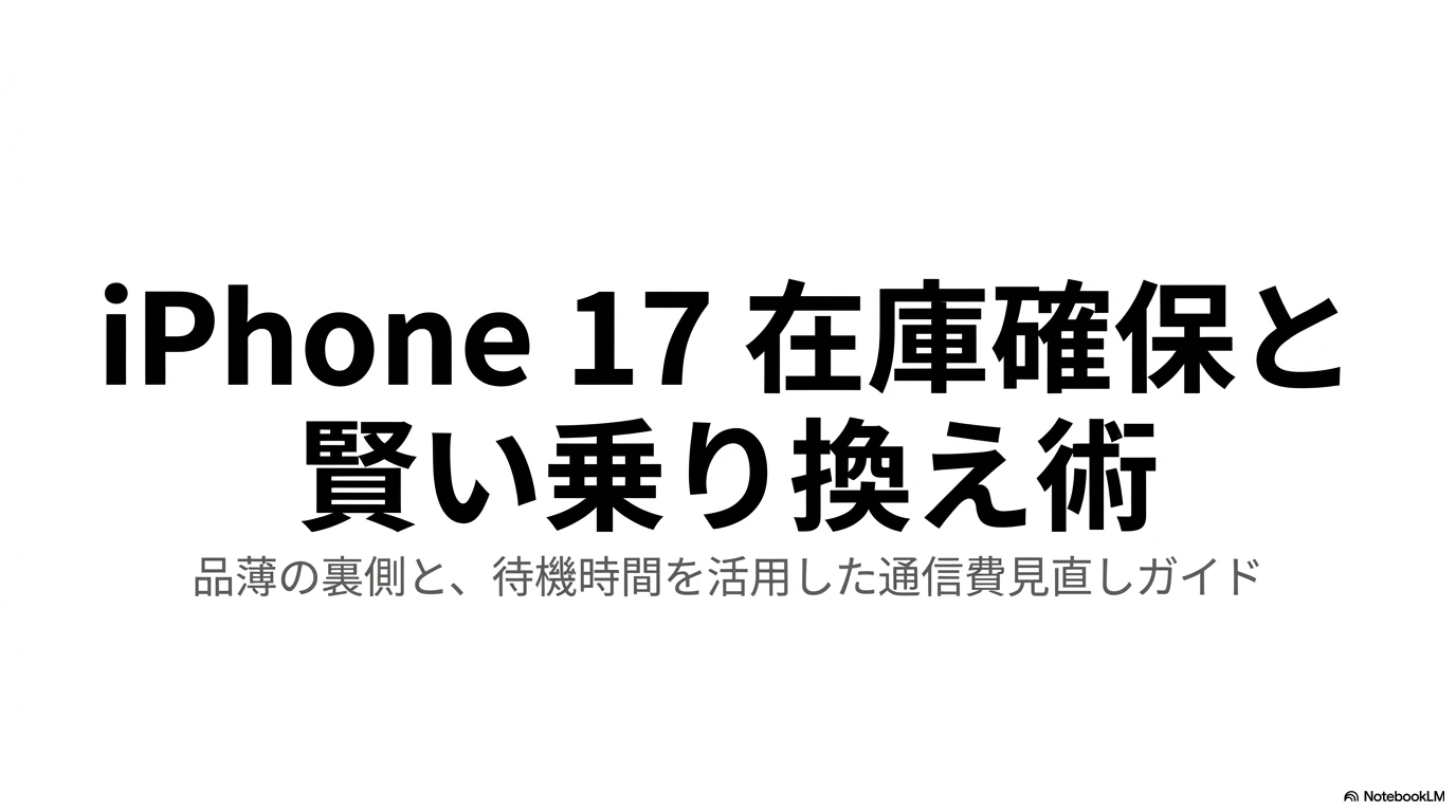 iPhone 17の在庫確保と賢い乗り換え術について、品薄の裏側と待機時間を活用した通信費見直しガイドを解説するスライドの表紙画像。