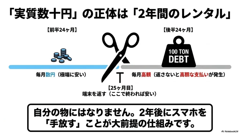 iPhone 17 × 格安SIM 乗り換え完全攻略ガイド 前半24ヶ月は毎月数円と安く、25ヶ月目に端末を返すことが大前提の仕組みであり、返さないと後半24ヶ月に高額な支払いが発生する残価設定プログラムの図解。