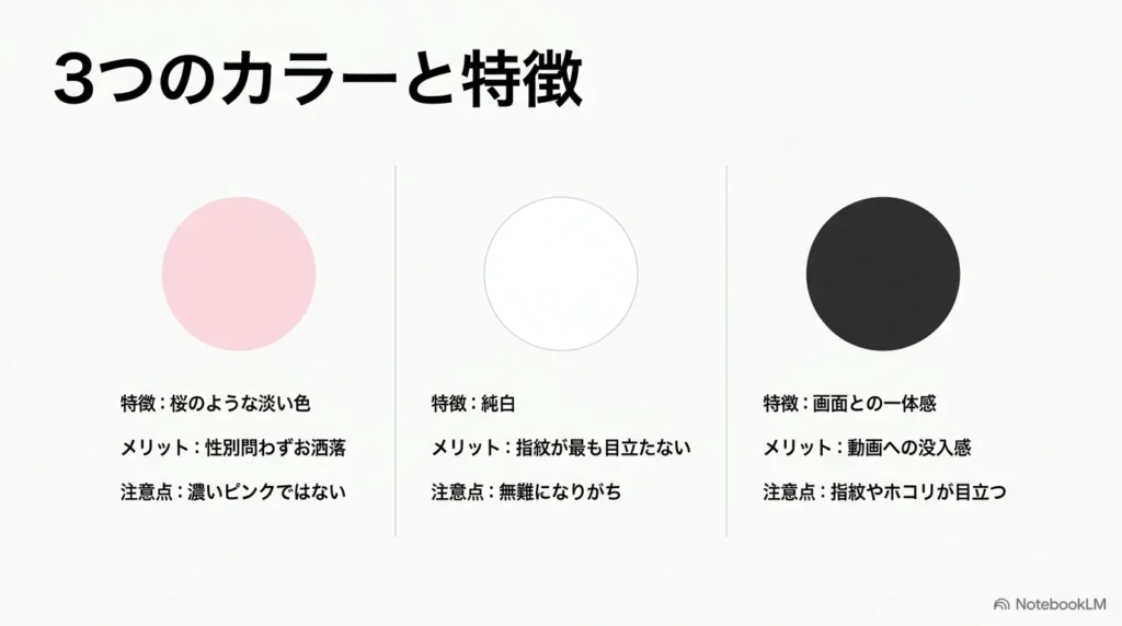 iPhone 17eの3つのカラー（ソフトピンク、ホワイト、ブラック）の特徴、メリット、注意点の一覧。