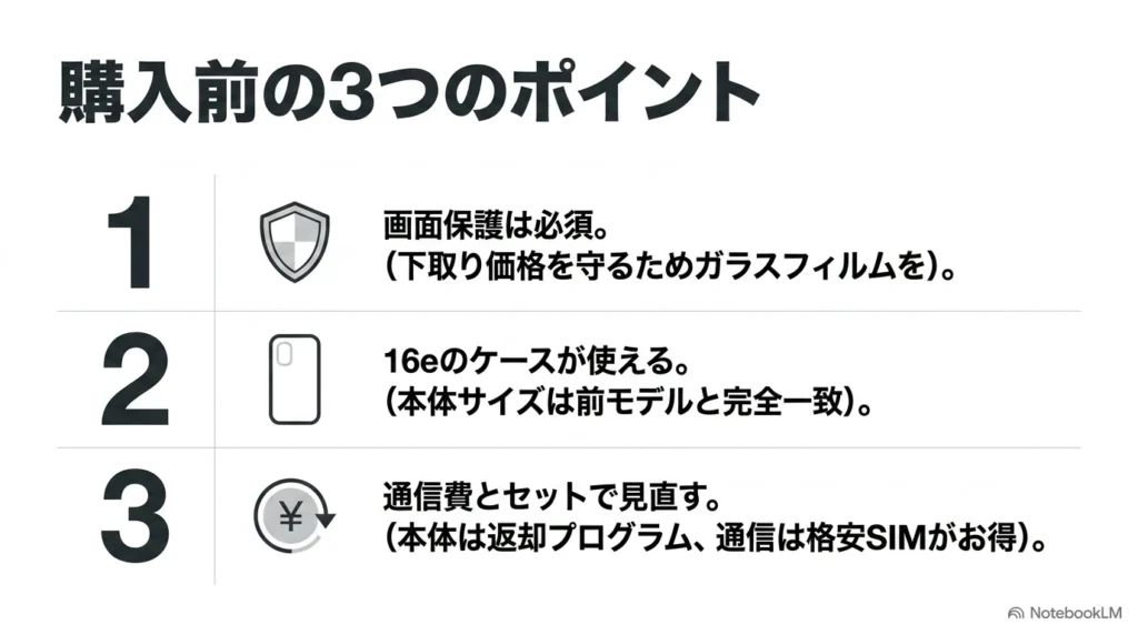 iPhone 17e購入前に知っておくべき3つのポイント。画面保護の必要性、iPhone 16eケースの互換性、通信費とセットでの見直しについて。