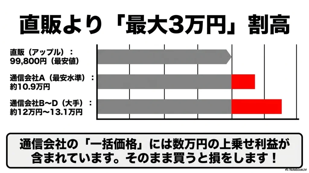 iPhone 17 × 格安SIM 乗り換え完全攻略ガイド Apple直販の99,800円に対し、通信会社の一括価格は約10.9万〜13.1万円と最大3万円割高であり、上乗せ利益が含まれていることを示す比較スライド。