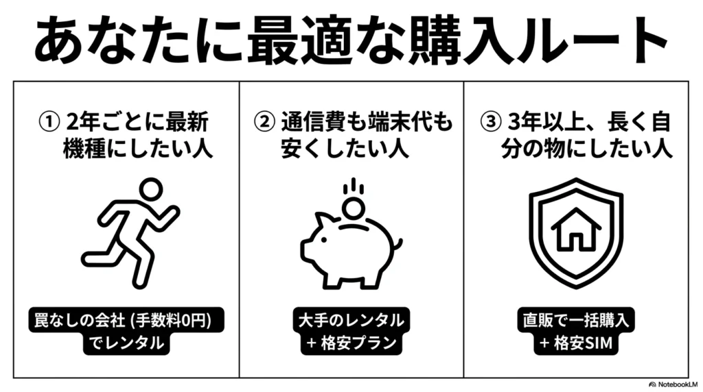 iPhone 17 × 格安SIM 乗り換え完全攻略ガイド 2年ごとに最新機種にしたい人は手数料0円の会社でレンタル、通信費も端末代も安くしたい人は大手のレンタル+格安プラン、3年以上長く使いたい人は直販一括+格安SIMが最適であることを示すルート案内。