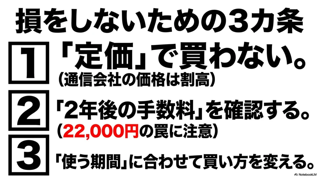 iPhone 17 × 格安SIM 乗り換え完全攻略ガイド 1. 通信会社の割高な定価で買わない、2. 2年後に発生する22,000円の手数料を確認する、3. 使う期間に合わせて買い方を変える、という損をしないためのまとめ3カ条。