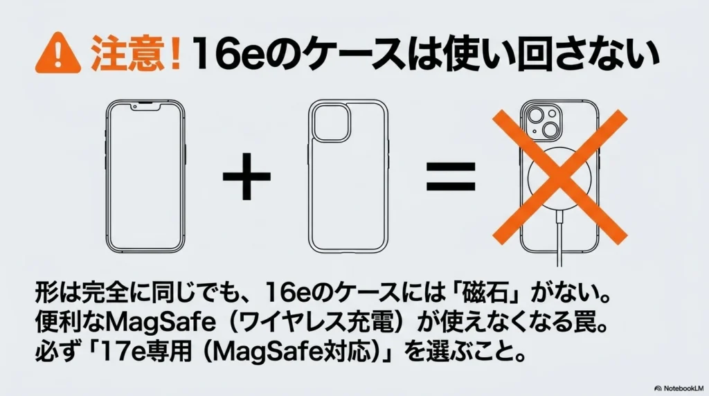 iPhone 16eのケースをiPhone 17eに使い回すと、磁石がないためMagSafeが使えなくなる罠についての解説