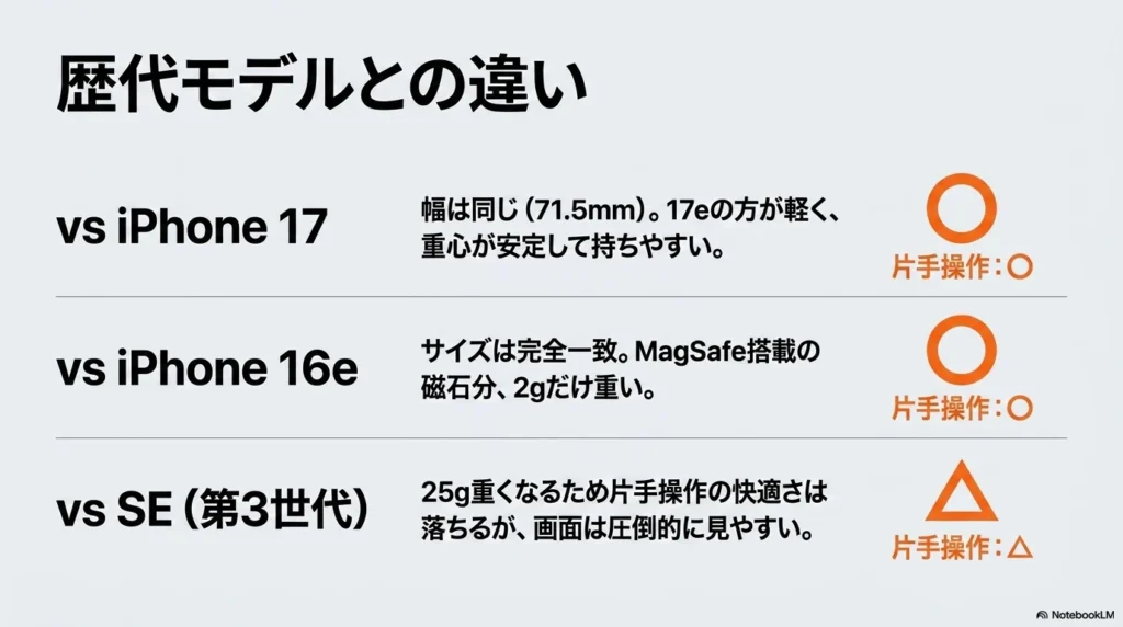 iPhone 17eとiPhone 17、iPhone 16e、iPhone SE第3世代のサイズ、重さ、片手操作のしやすさを比較した一覧表
