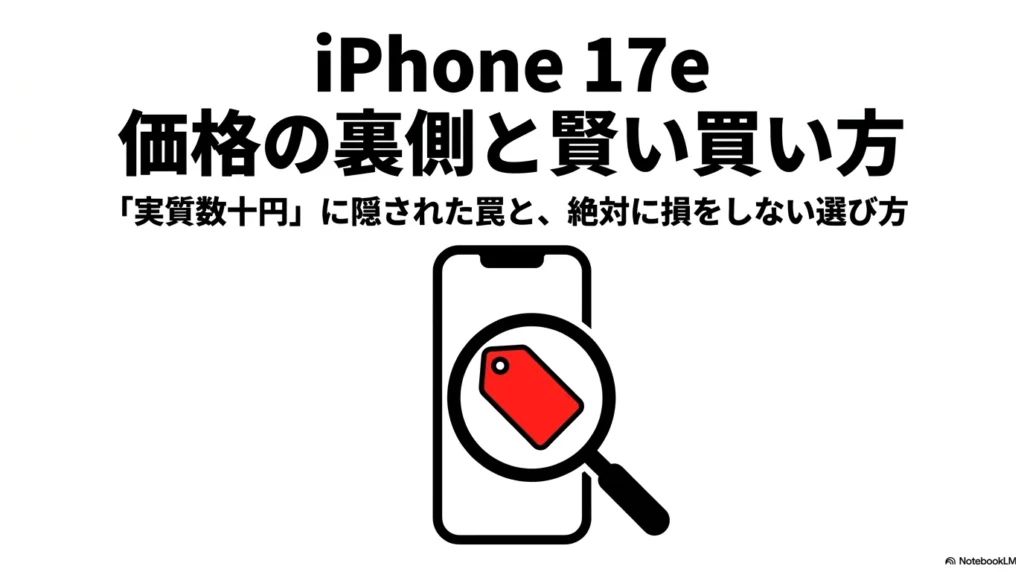 iPhone 17 × 格安SIM 乗り換え完全攻略ガイド iPhone 17eの価格の裏側と賢い買い方を解説するスライド。「実質数十円」に隠された罠と絶対に損をしない選び方をナビゲート。