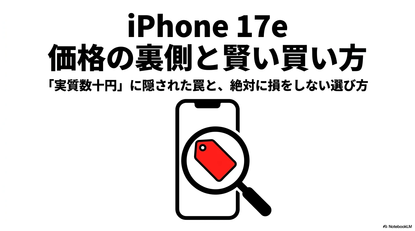 iPhone 17eの価格の裏側と賢い買い方を解説するスライド。「実質数十円」に隠された罠と絶対に損をしない選び方をナビゲート。
