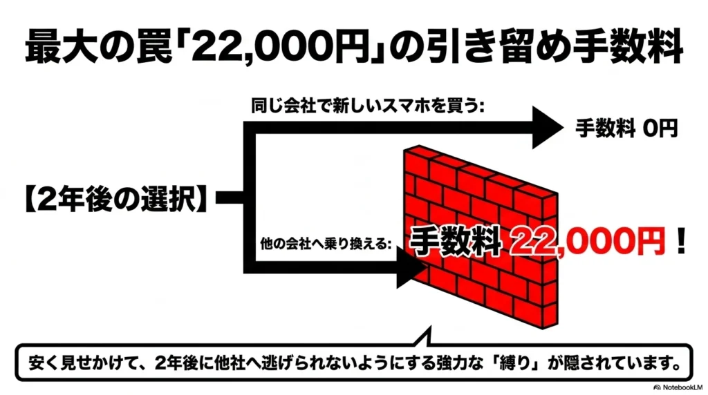 iPhone 17 × 格安SIM 乗り換え完全攻略ガイド 2年後の選択として、同じ会社で買い替える場合は手数料0円、他社へ乗り換える場合は22,000円の手数料がかかるという、キャリアの強力な縛り構造を示すスライド。