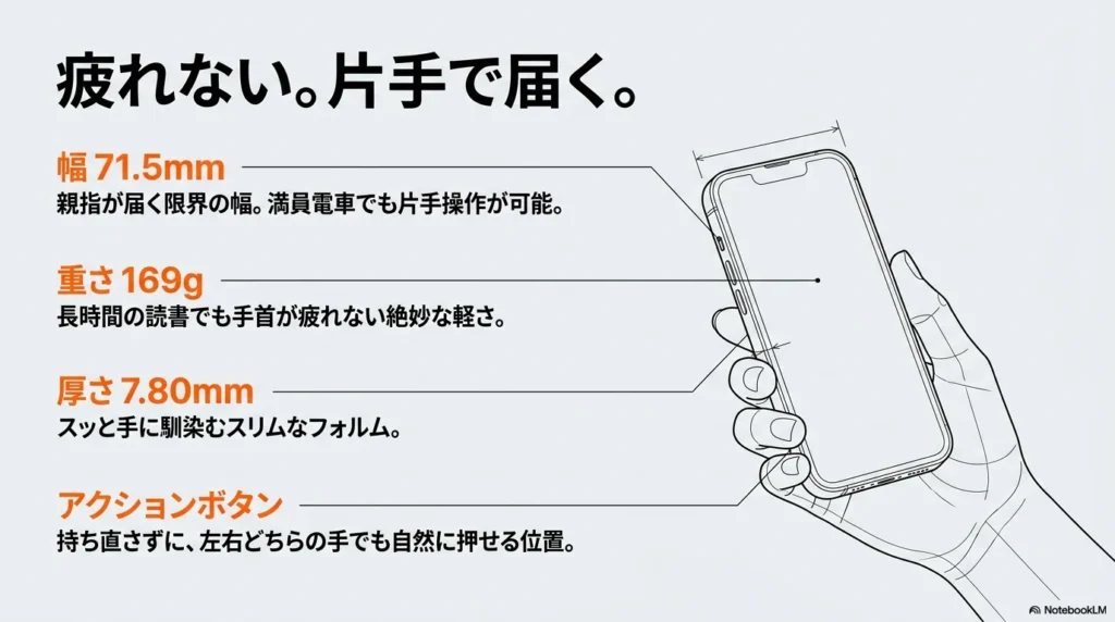 iPhone 17eの幅71.5mm、重さ169g、厚さ7.80mmなど、片手操作に最適なサイズ感と特徴を解説した図